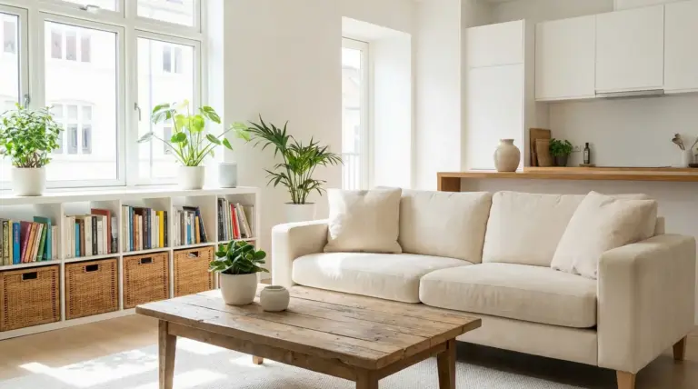 Soggiorno ordinato e luminoso con divano chiaro, piante e libreria con ceste