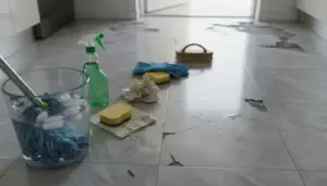 Secchio con acqua ghiacciata e prodotti per la pulizia su un pavimento danneggiato