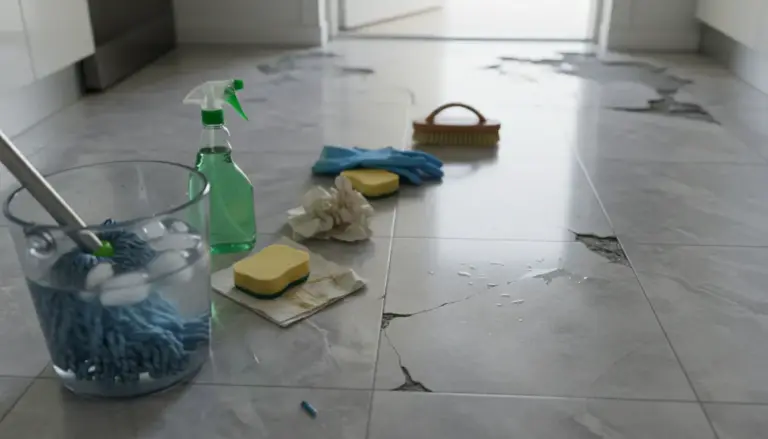 Secchio con acqua ghiacciata e prodotti per la pulizia su un pavimento danneggiato