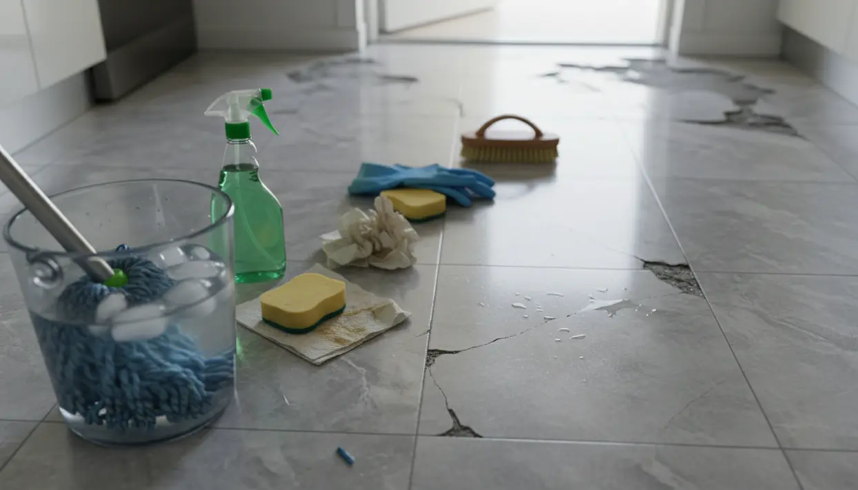 Secchio con acqua ghiacciata e prodotti per la pulizia su un pavimento danneggiato