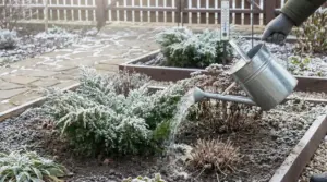 Annaffiatura di un giardino in inverno con annaffiatoio metallico