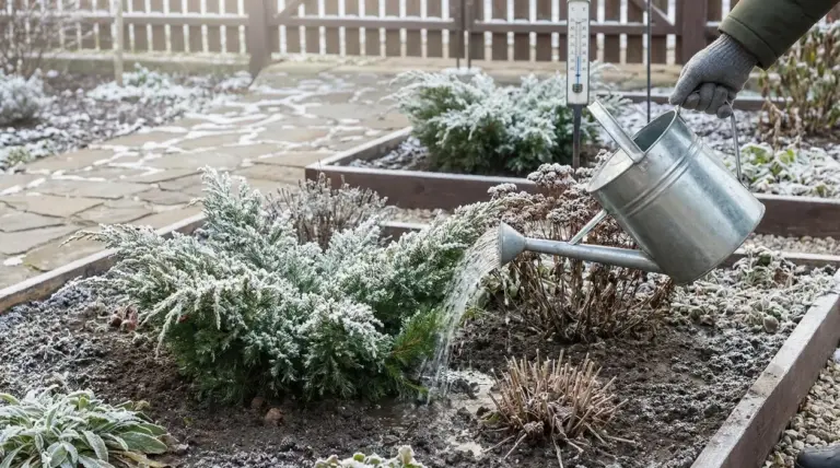 Annaffiatura di un giardino in inverno con annaffiatoio metallico
