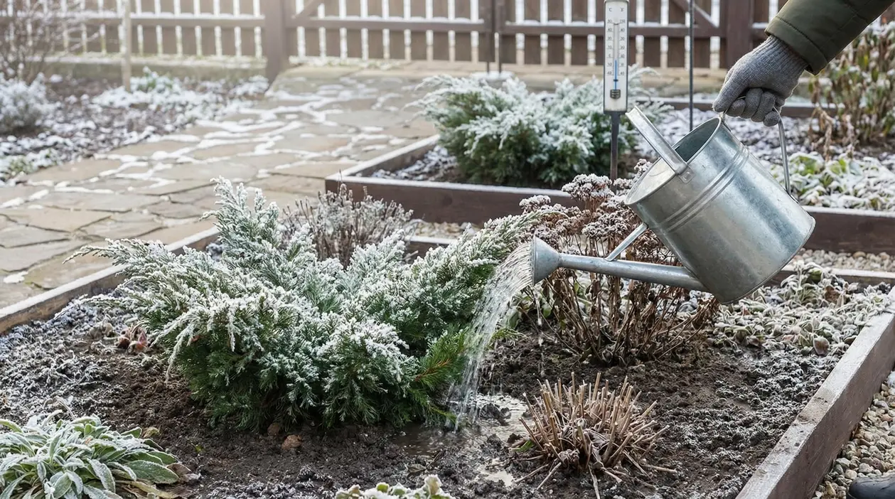 Annaffiatura di un giardino in inverno con annaffiatoio metallico