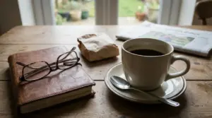 Tazza di caffè nero non zuccherato su un tavolo con occhiali, libro e giornale
