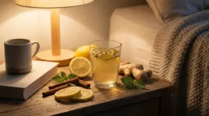 Tisana serale con limone, camomilla, zenzero e cannella su un comodino accanto a un letto