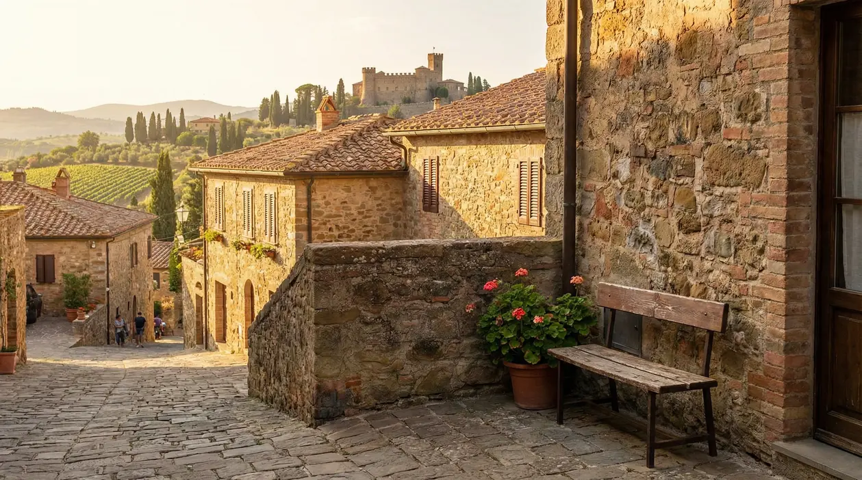 Borgo italiano con strade in pietra e vista su un castello tra le colline al tramonto