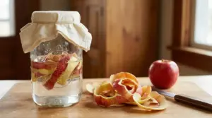 Barattolo di vetro con bucce di mela immerse in acqua su un tavolo di legno