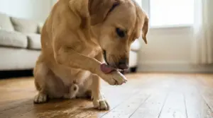 Cane che si lecca la zampa anteriore su un pavimento di legno in casa