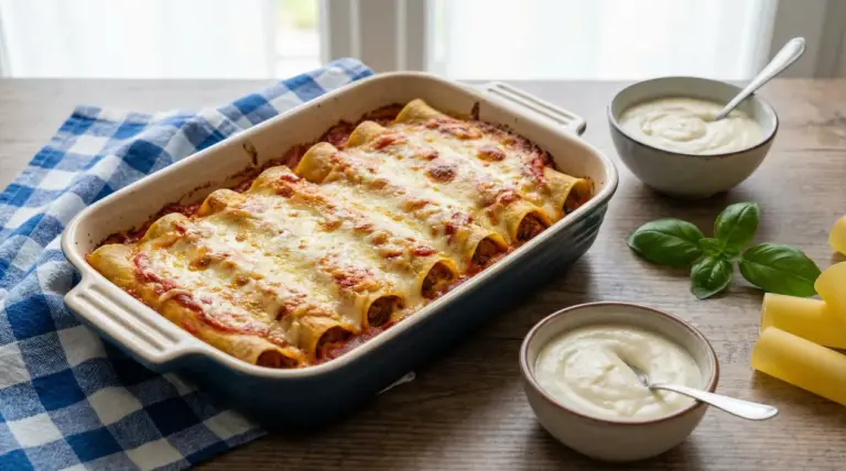 Cannelloni ripieni di carne al forno con formaggio fuso e ciotole di besciamella su tavolo rustico
