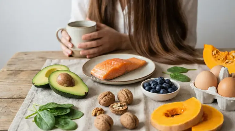 Alimenti sani come salmone, avocado, uova, noci e mirtilli su un tavolo in legno