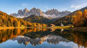 Paesaggio autunnale in Trentino con lago, boschi colorati e montagne sullo sfondo