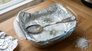 Oggetti in argento ossidato immersi in una ciotola rivestita di alluminio con sale