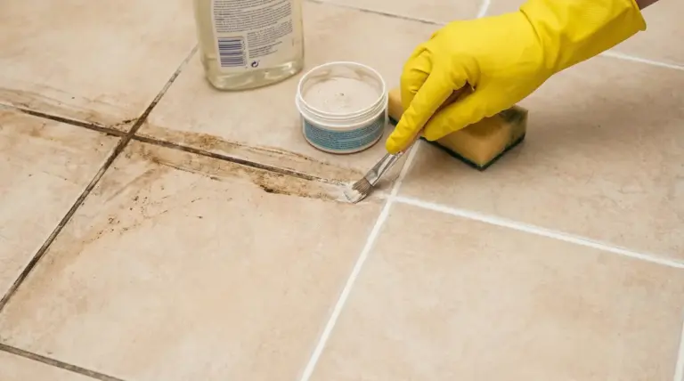 Pulizia delle fughe scure di un pavimento con un pennello e prodotto specifico