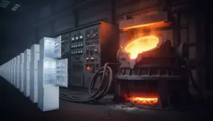 Una fila di frigoriferi accesi accanto a un forno industriale incandescente