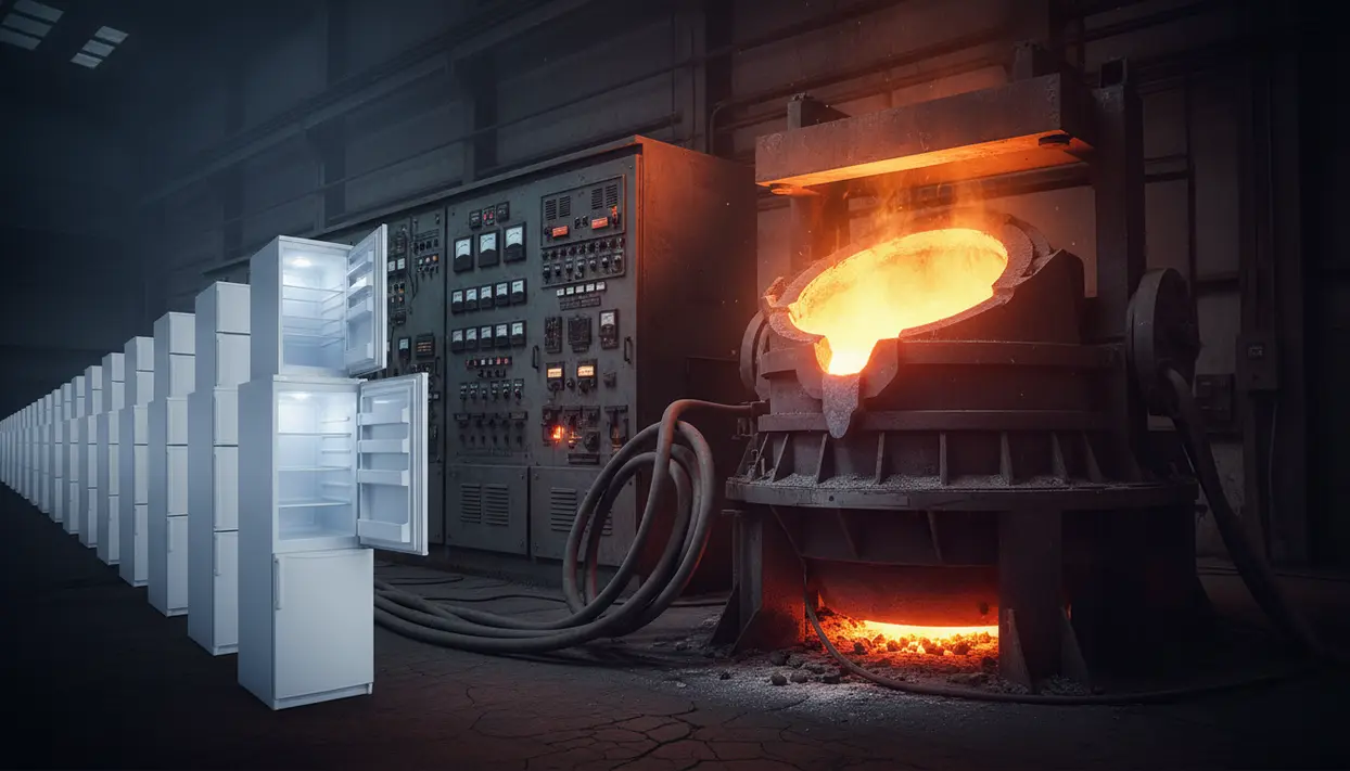 Una fila di frigoriferi accesi accanto a un forno industriale incandescente