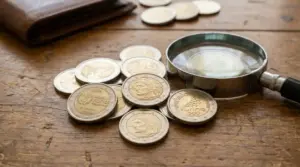 Monete da 2 euro disposte su un tavolo in legno accanto a una lente d'ingrandimento