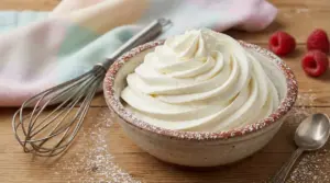 Ciotola di crema chantilly montata con frusta accanto su tavolo di legno