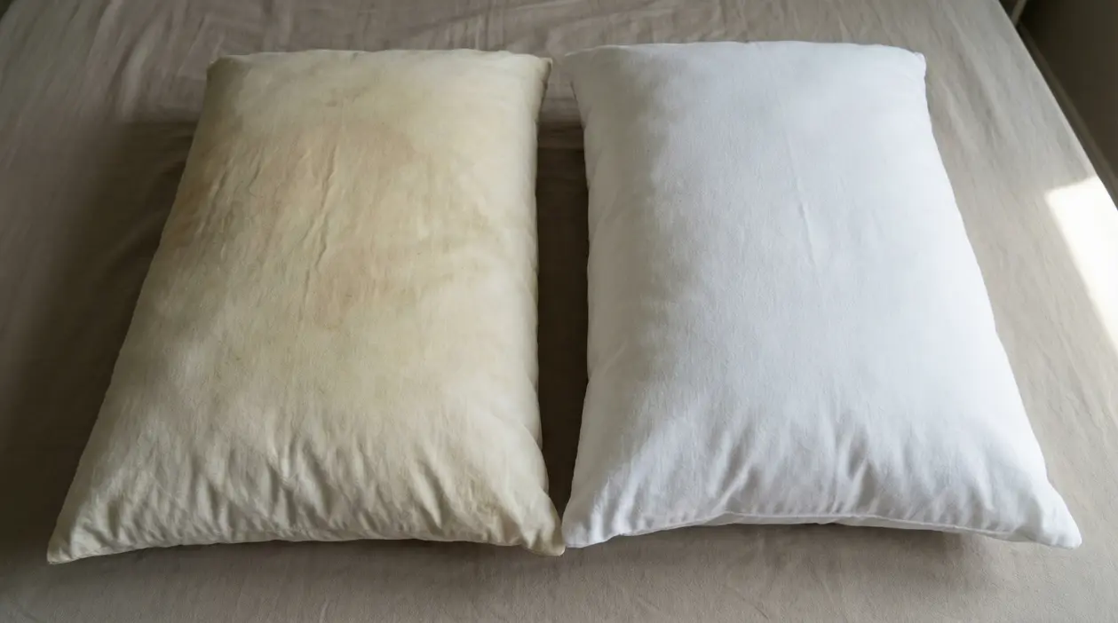 Due cuscini su un letto, uno ingiallito e uno perfettamente bianco