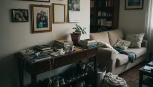 Ingresso disordinato con tavolo pieno di oggetti e soggiorno con divano e libri sparsi