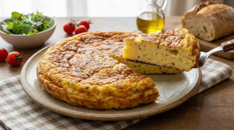 Frittata alta e soffice servita su un piatto, con un pezzo sollevato su una forchetta