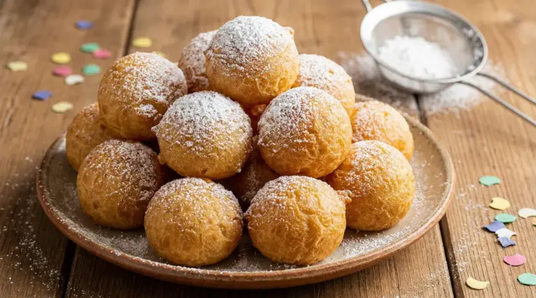 Frittelle di Carnevale dorate e soffici ricoperte di zucchero a velo su un piatto in legno.