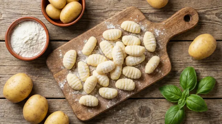 Gnocchi fatti in casa su un tagliere di legno con farina e patate crude