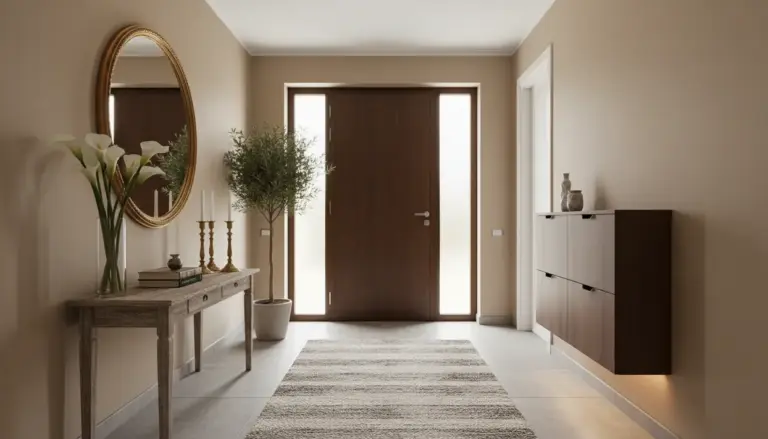 Ingresso elegante con porta in legno, specchio rotondo e decorazioni minimaliste