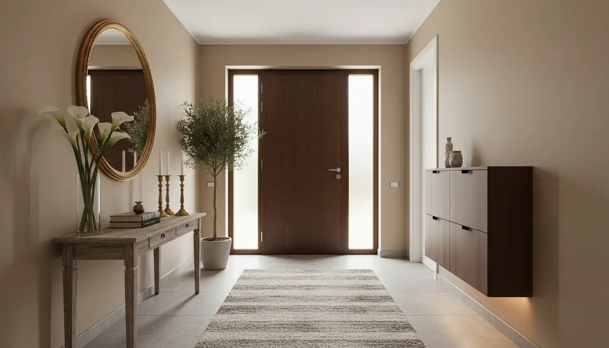 Ingresso elegante con porta in legno, specchio rotondo e decorazioni minimaliste