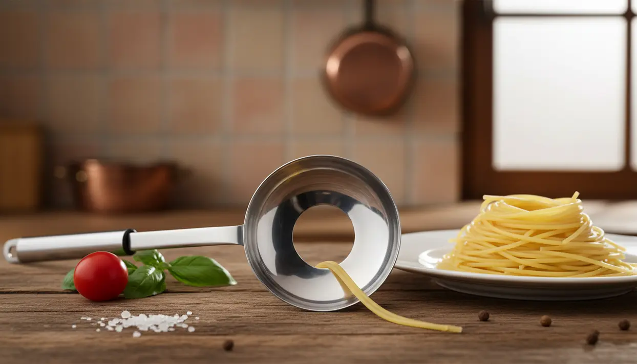 Mestolo con foro centrale accanto a un piatto di spaghetti su un tavolo da cucina