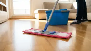 Panno per pavimenti con manico su parquet lucido vicino a secchio e persona