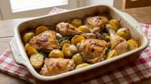 Pollo arrosto con patate e rosmarino in una teglia da forno