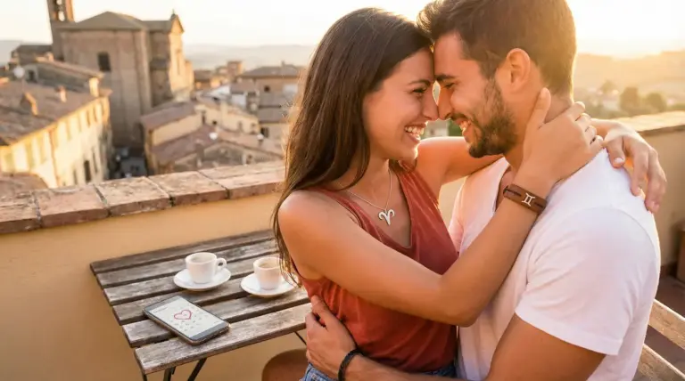 Coppia sorridente abbracciata su una terrazza al tramonto con due tazze di caffè su un tavolo