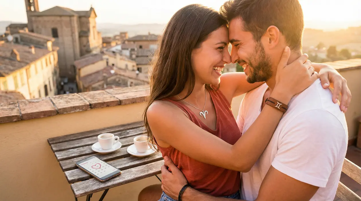 Coppia sorridente abbracciata su una terrazza al tramonto con due tazze di caffè su un tavolo