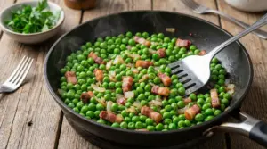 Piselli surgelati in padella con cipolla e pancetta su tavolo di legno