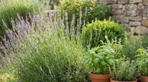 Piante aromatiche e fiorite in un giardino soleggiato con lavanda in primo piano