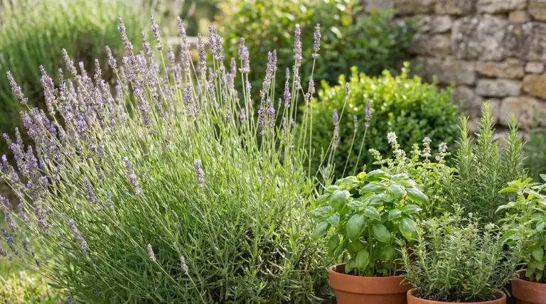 Piante aromatiche e fiorite in un giardino soleggiato con lavanda in primo piano