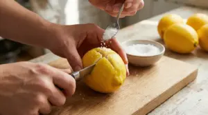 Mani che incidono un limone e lo riempiono di sale su un tagliere di legno