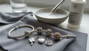Bracciale Pandora con ciondoli appoggiato su panno morbido accanto a ciotola con schiuma e prodotto per pulizia.