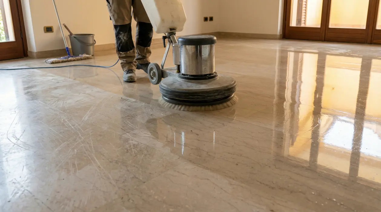 Lucidatura di un pavimento in marmo opaco con una macchina professionale