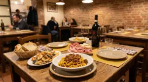 Tavolo imbandito con piatti tipici italiani in un ristorante accogliente