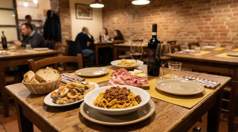 Tavolo imbandito con piatti tipici italiani in un ristorante accogliente