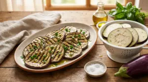 Fette di melanzane grigliate condite con prezzemolo e aglio su un piatto di ceramica