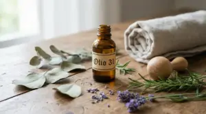 Flacone di Olio 31 su tavolo con erbe aromatiche, panno arrotolato e oggetto in legno