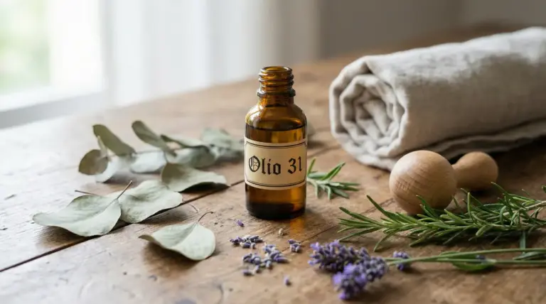 Flacone di Olio 31 su tavolo con erbe aromatiche, panno arrotolato e oggetto in legno