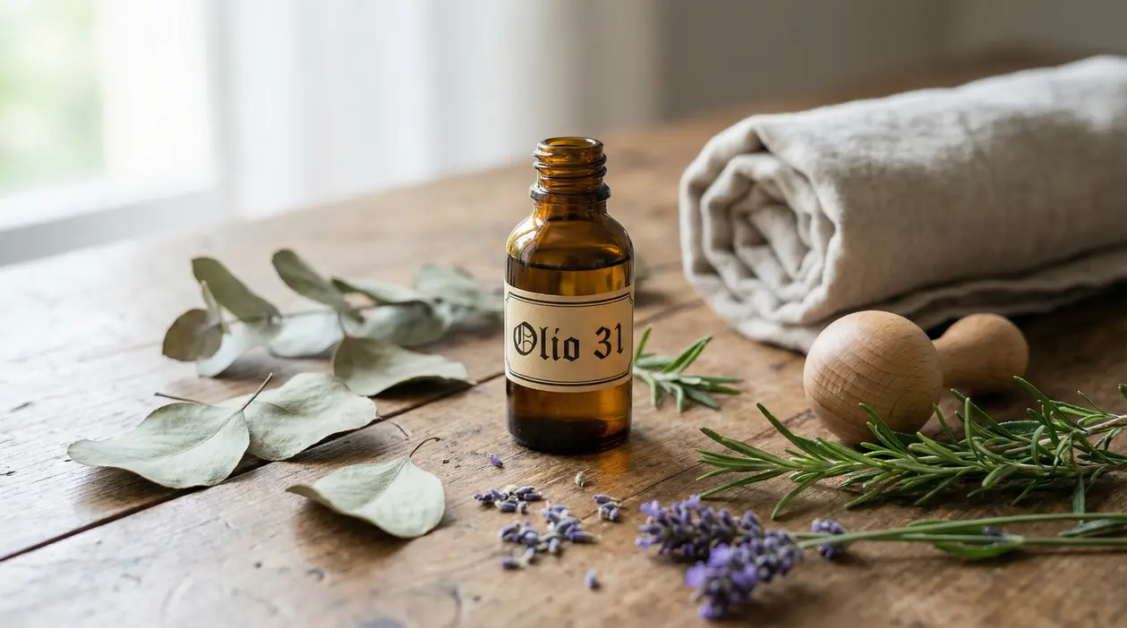 Flacone di Olio 31 su tavolo con erbe aromatiche, panno arrotolato e oggetto in legno