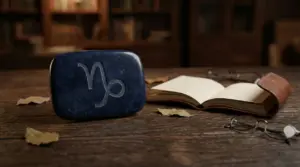 Simbolo del Capricorno inciso su una pietra accanto a un libro aperto su un tavolo in legno