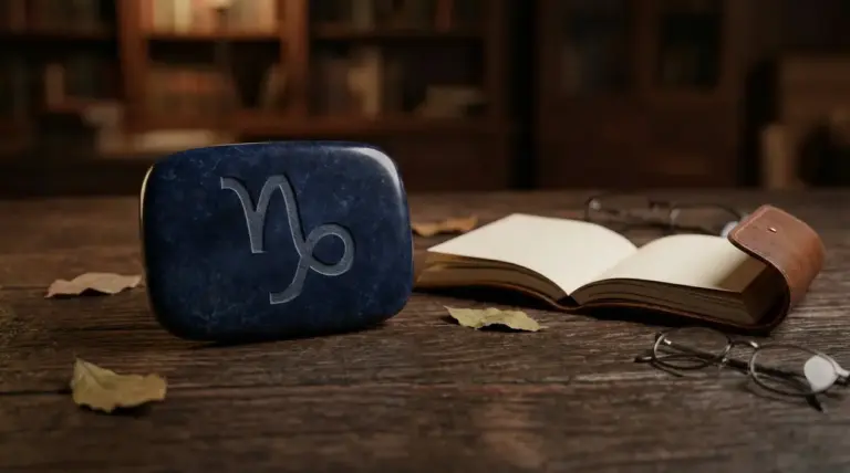 Simbolo del Capricorno inciso su una pietra accanto a un libro aperto su un tavolo in legno