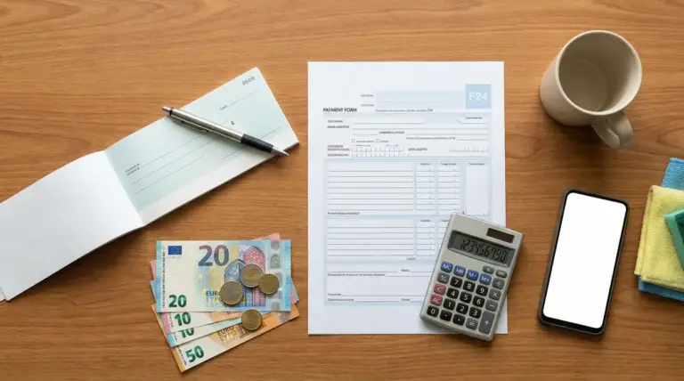 Documenti di pagamento, contanti, calcolatrice e smartphone su scrivania di legno