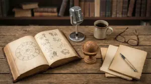 Libro aperto con segni zodiacali, microfono vintage, tazza di caffè e oggetti astrologici su tavolo in legno