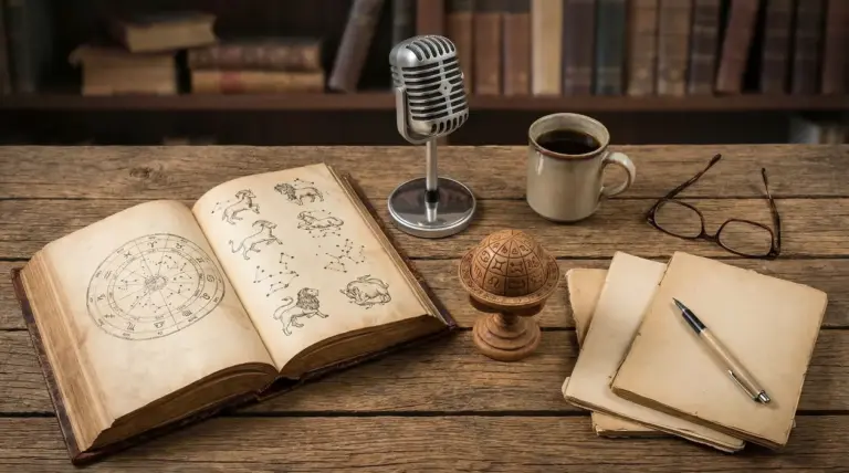 Libro aperto con segni zodiacali, microfono vintage, tazza di caffè e oggetti astrologici su tavolo in legno